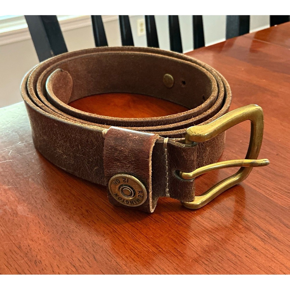 Remington Brown Leather Belt Mens 3X (50-52) 1 1/2 in Logo Buckle Adj